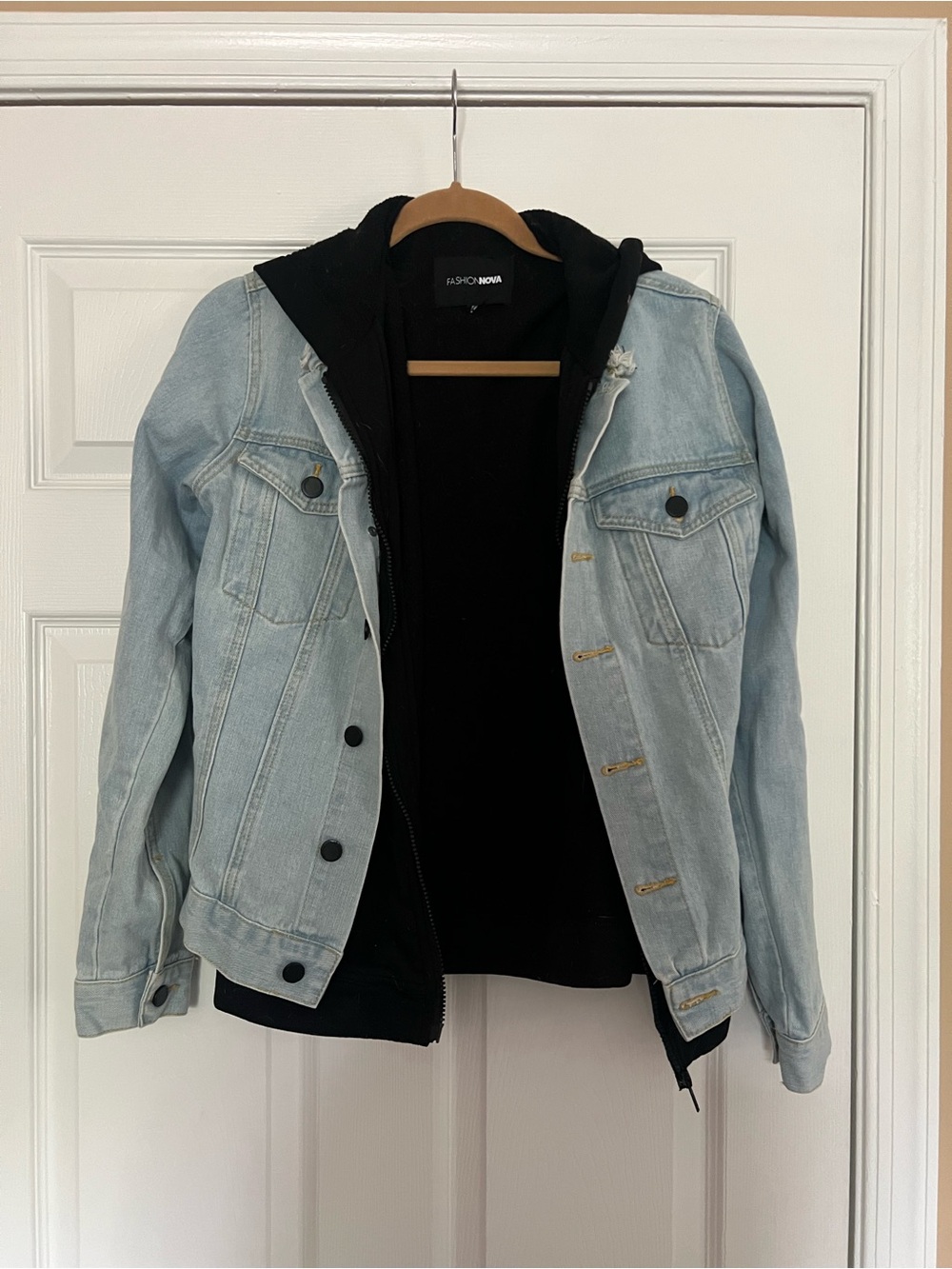 Fashion Nova Light Blue Denim Jacket with Black Attached Hoodie